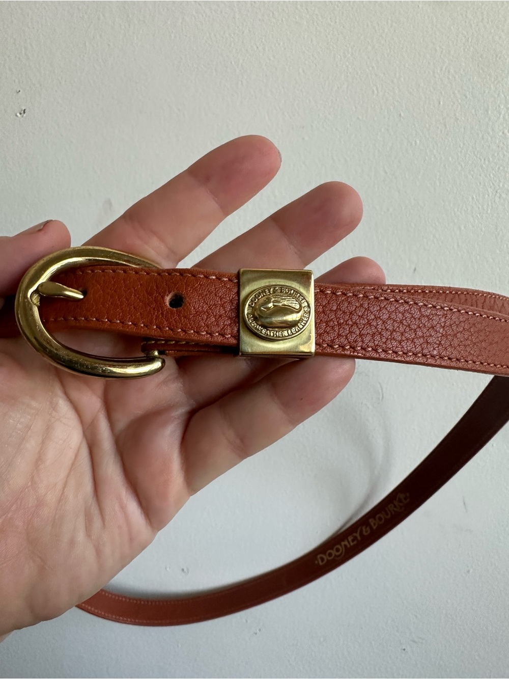 Vintage Dooney & Bourke All Weather Leather Belt Brass Duck Logo XL 38 40 Brown
